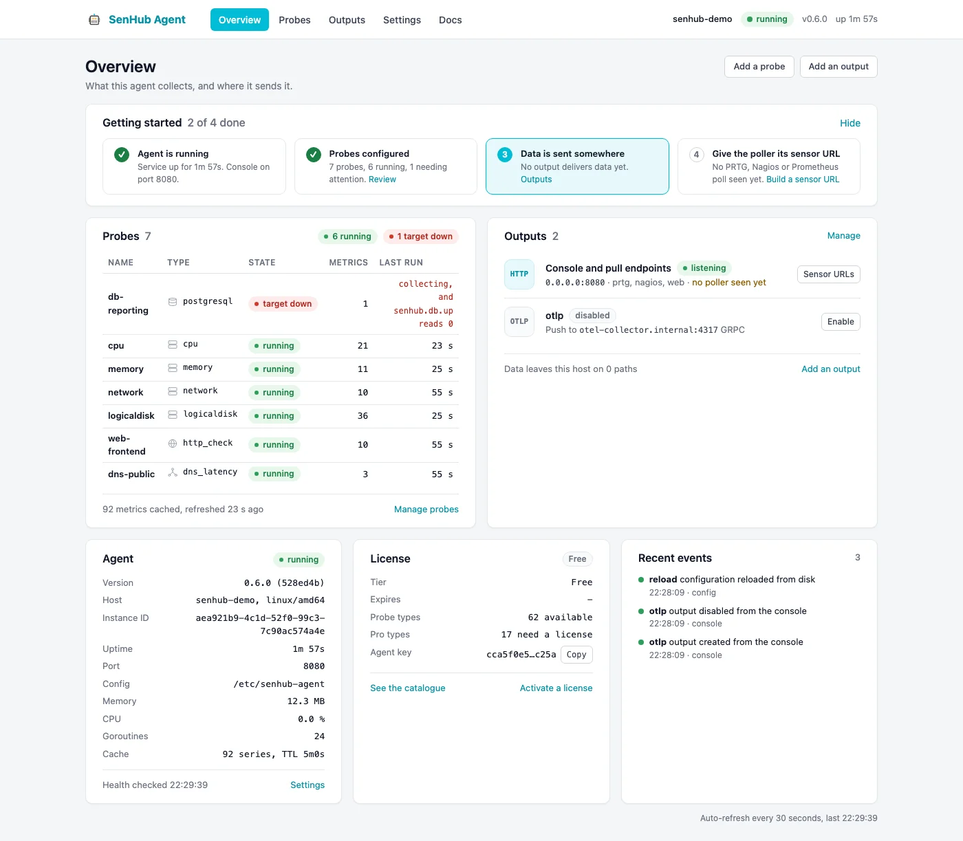 The SenHub Agent console: seven probes with their state and metric counts, two outputs, and the agent's own version, uptime and licence tier.