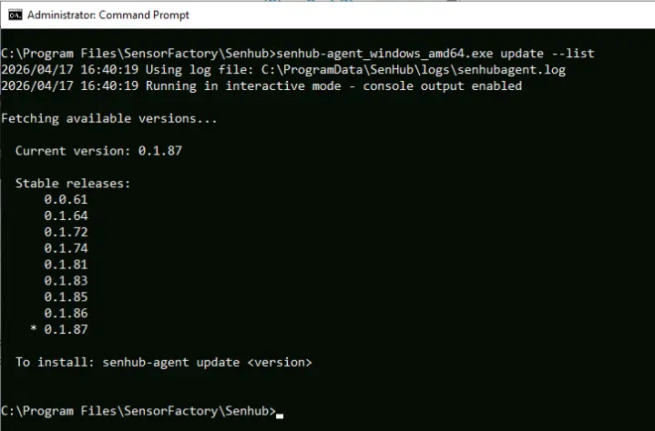 senhub-agent update --list output
